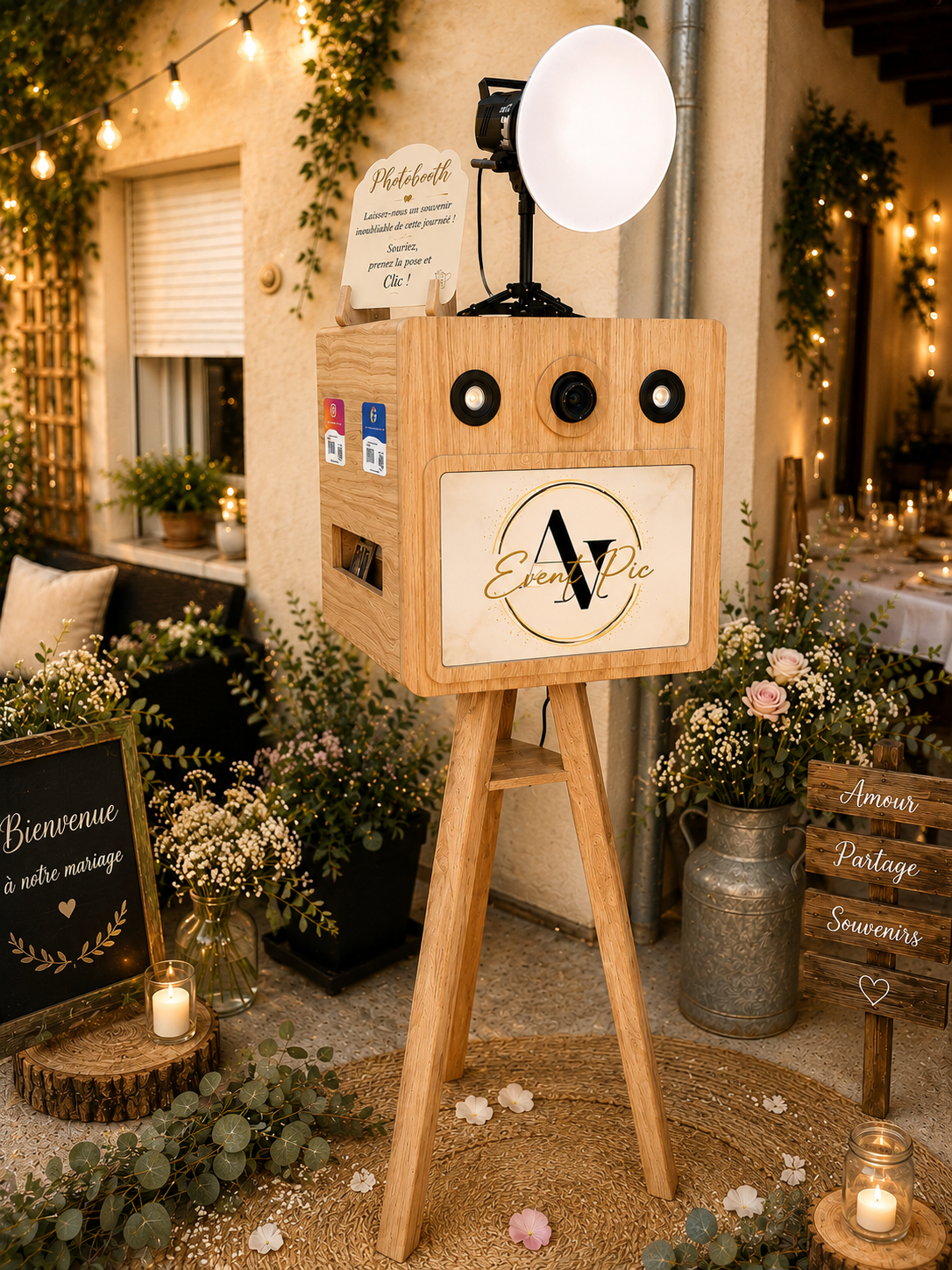 Borne photobooth bois Event Pic dans une ambiance mariage premium