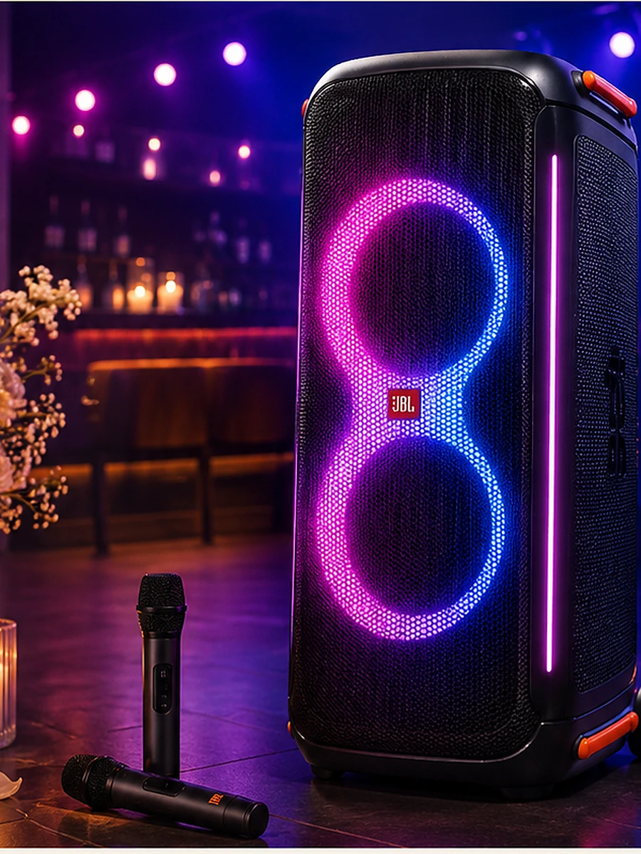 Enceinte JBL PartyBox avec deux micros dans une ambiance soirée Event Pic